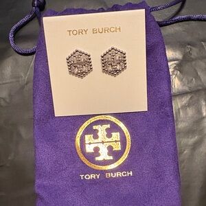 Tory Burch Silver-Tone Hexagon Logo Stud Earrings